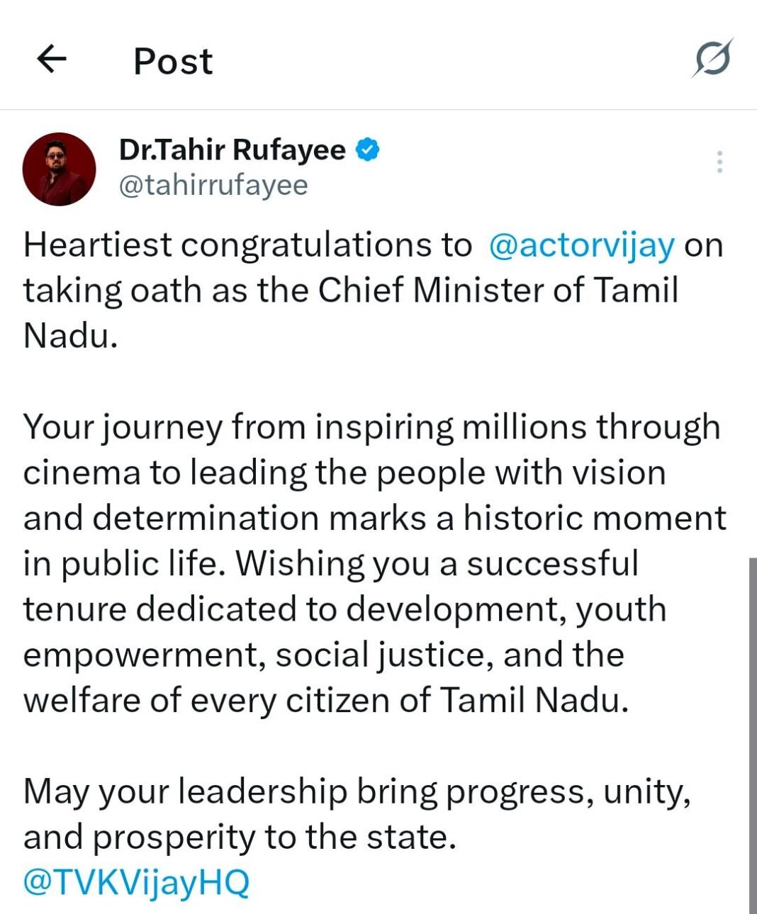 Dr. Tahir Rufayee Congratulates Vijay on Taking Oath as Tamil Nadu Chief Minister