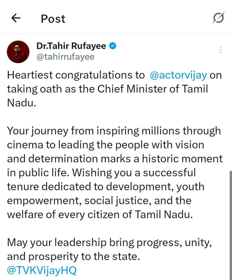 Dr. Tahir Rufayee Congratulates Vijay on Taking Oath as Tamil Nadu Chief Minister