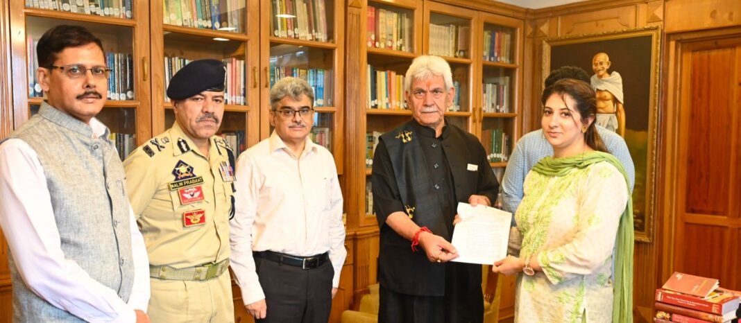 Lieutenant Governor hands-over appointment letter to wife of Martyr J&K Police Inspector Masroor Ali Wani